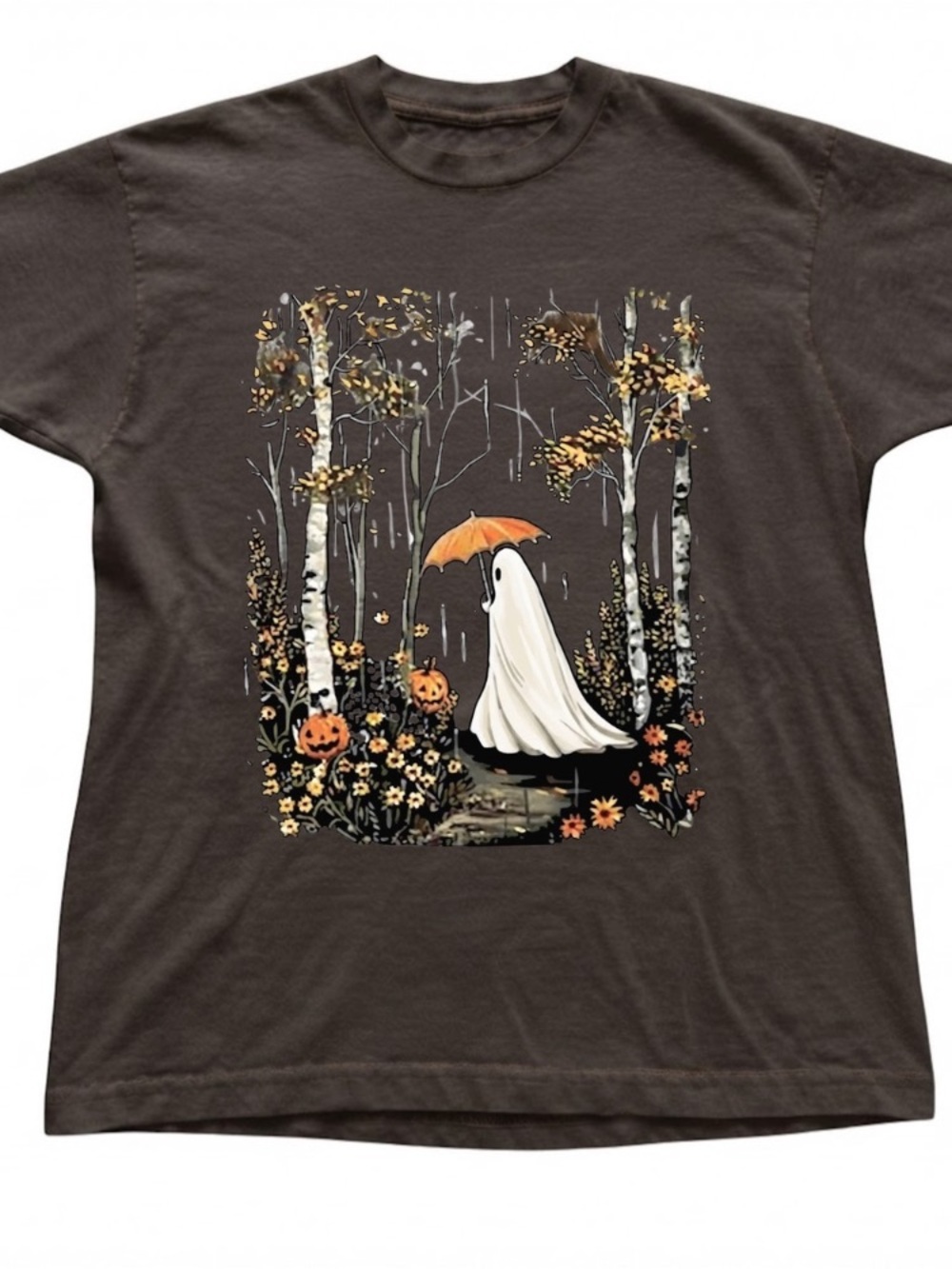 Dark Chocolate Tee with Ghost Holding Orange Umbrella